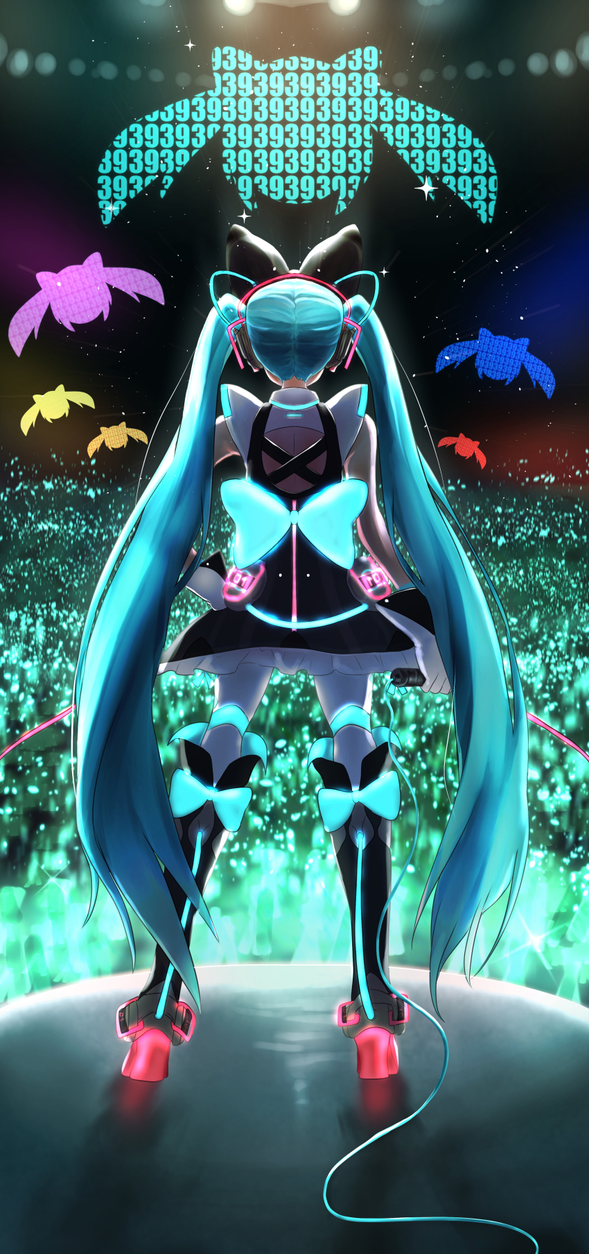 1girl, 39, 39_music_(vocaloid), absurdres, aqua_hair, audience, backlighting, black_bow, black_dress, boots, bow, cable, commentary, concert, dress, dress_bow, frilled_skirt, frills, from_behind, full_body, gloves, glowstick, hair_bow, hair_ornament, hand_on_own_hip, hatsune_miku, headphones, high_heel_boots, high_heels, highres, holding, holding_microphone, hoop_skirt, itogari, long_hair, magical_mirai_(vocaloid), magical_mirai_miku, magical_mirai_miku_(2016), microphone, neon_trim, penlight_(glowstick), skirt, standing, twintails, very_long_hair, vocaloid, white_gloves, white_legwear