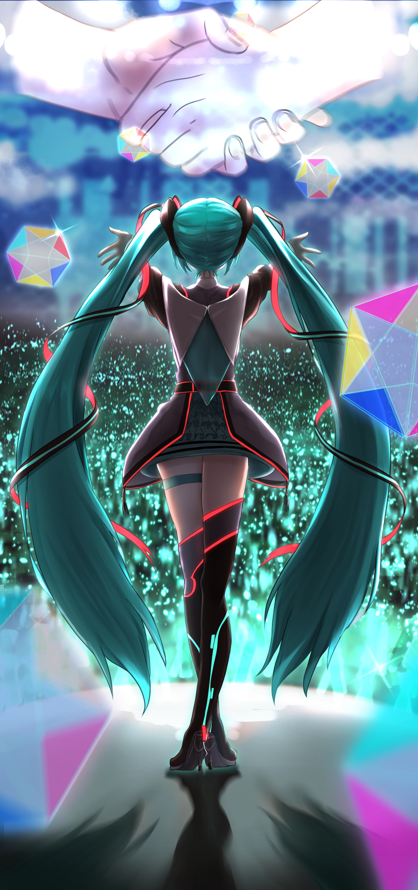 1girl, absurdly_long_hair, absurdres, anniversary, aqua_hair, arms_up, artist_name, artist_request