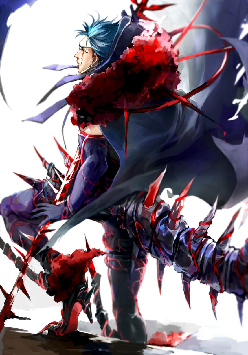 1boy, blood, blood_on_face, blue_hair, cape, closed_mouth, cu_chulainn_(fate), cu_chulainn_alter_(fate)