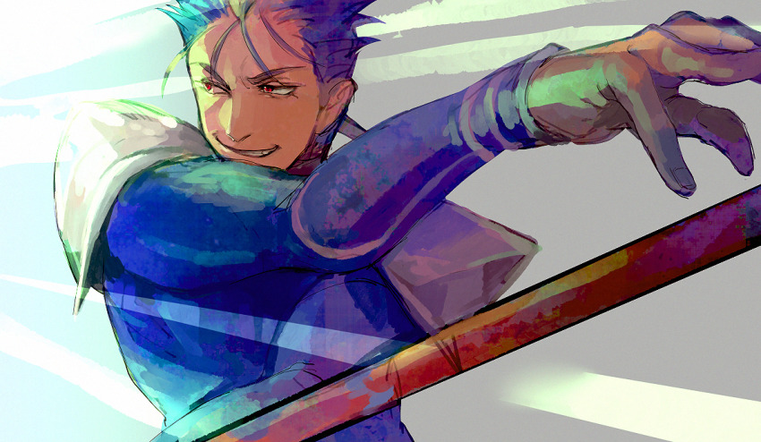 1boy, armor, blue_hair, crossed_arms, cu_chulainn_(fate), cu_chulainn_(fate/stay_night), cu_chulainn_(lancer)_(fate), fate/stay_night, fate_(series), gae_bolg_(fate), grin, hakusaihatake, light, long_hair, male_focus, pauldrons, polearm, ponytail, red_eyes, shoulder_armor, skin_tight, smile, solo, spiked_hair, type-moon, weapon