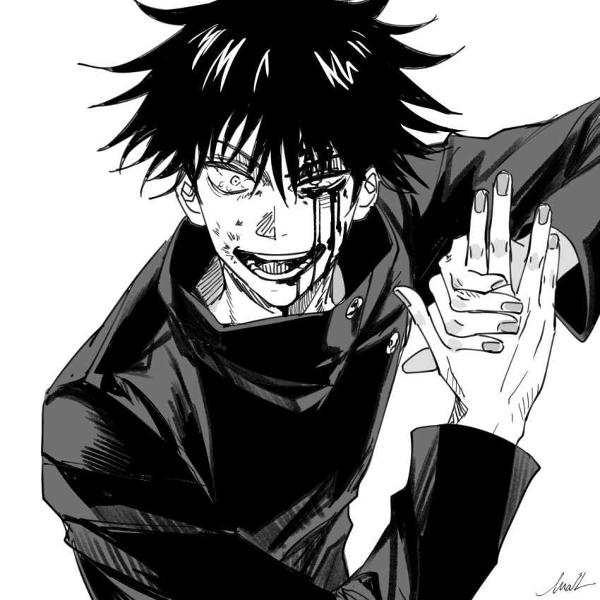 1boy, black_jacket, bleeding, blood, bloodshot_eyes, crazy_eyes, crazy_smile, email2140