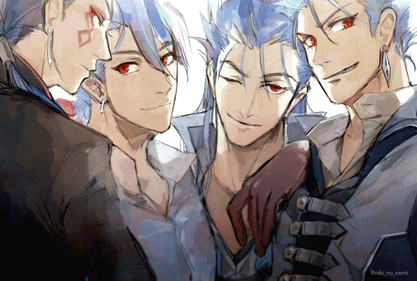 4boys, alternate_costume, beads, blue_hair, collar, collared_shirt, cu_chulainn_(caster)_(fate), cu_chulainn_(caster)_(the_musketeers)_(fate)