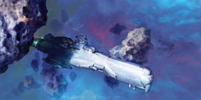 asteroid, commentary, english_commentary, flying, highres, mike_doscher, nebula, no_humans