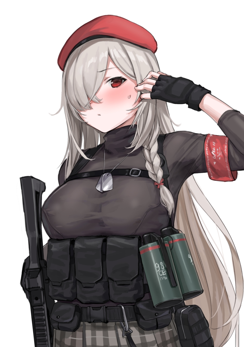 1girl, absurdres, ammunition_pouch, arm_up, armband, assault_rifle, belt_buckle, belt_pouch, beret, black_gloves, braid, breasts, buckle, checkered_clothes, checkered_skirt, closed_mouth, dog_tags, fingerless_gloves, g36c_(girls'_frontline), g36c_(red_beret)_(girls'_frontline), girls'_frontline, gloves, grey_hair, gun, h&amp;k_g36, hair_between_eyes, hair_over_one_eye, hair_ribbon, harness, hat, highres, holding, holding_gun, holding_weapon, kuro_(zhurunbo1997), large_breasts, load_bearing_vest, long_hair, looking_at_viewer, official_alternate_costume, plaid_clothes, plaid_skirt, pleated_skirt, pouch, red_eyes, red_hat, ribbon, rifle, side_braid, skirt, smoke_grenade, snap-fit_buckle, solo, strap, sweat, turtleneck, upper_body, very_long_hair, weapon