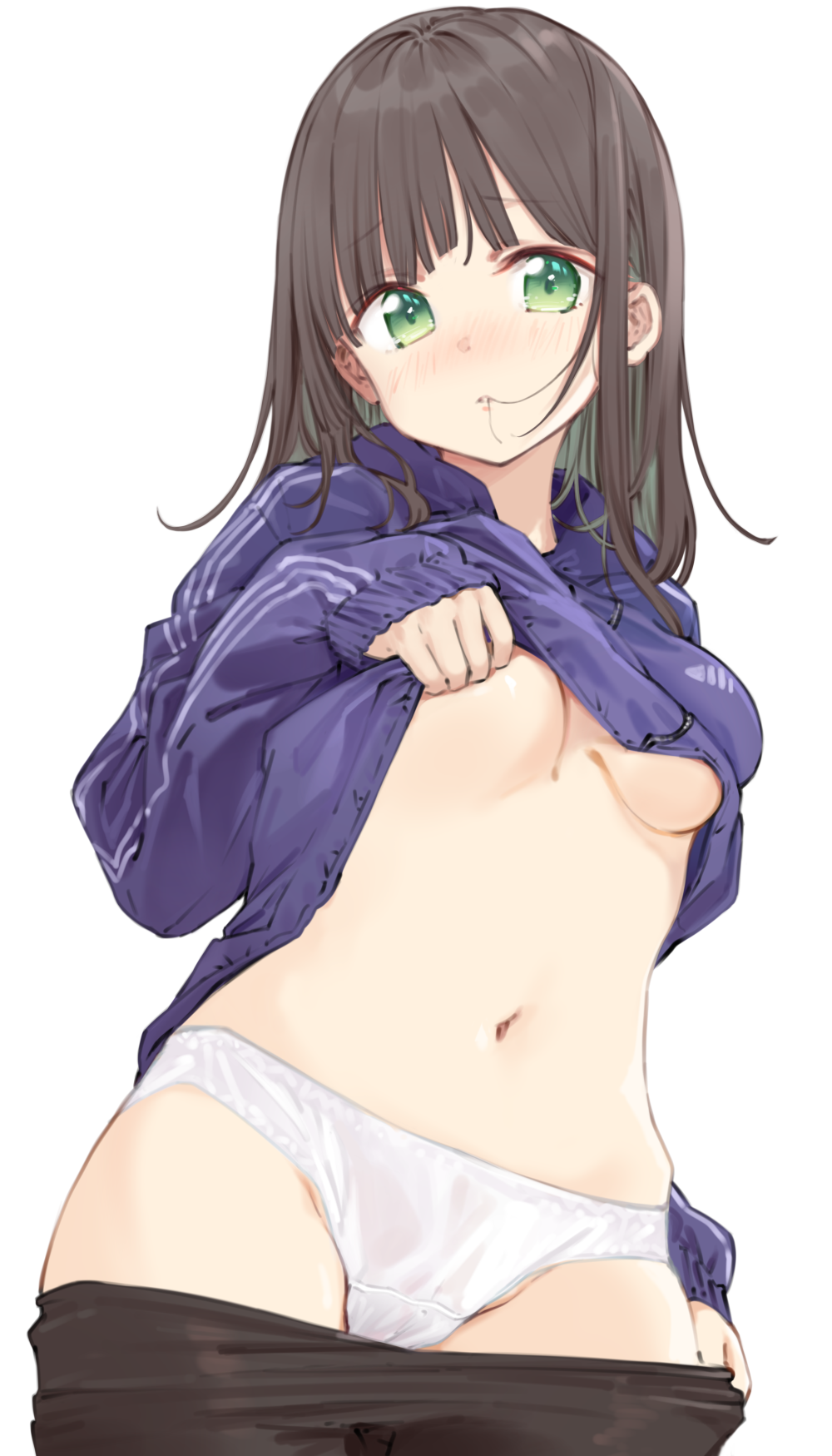 1girl, black_pantyhose, blush, breasts, brown_hair, clothes_pull, cowboy_shot, green_eyes