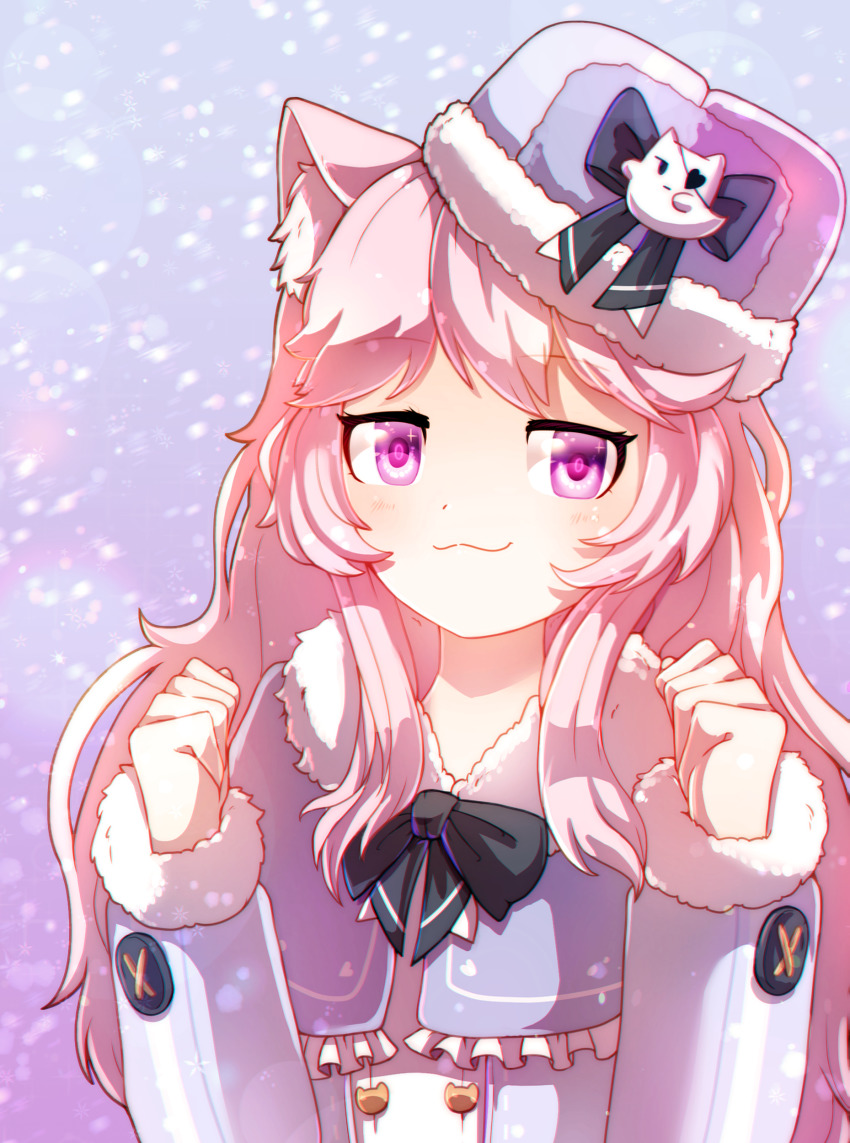 1girl, :3, absurdres, animal_ear_fluff, animal_ears, black_bow, blue_dress, blue_hat