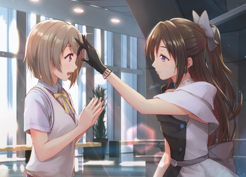 asymmetrical_hair, beige_cardigan, blue_eyes, bob_cut, bow, brown_hair, cardigan, crescent