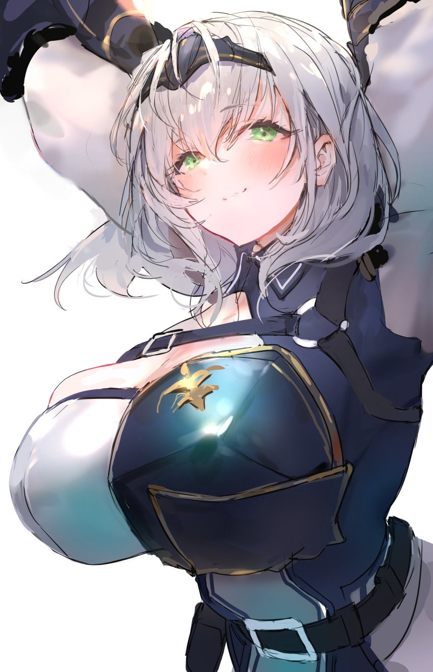 1girl, absurdres, arms_up, blush, breasts, cleavage, green_eyes, hair_between_eyes, highres, hinata_(hinata-ur), hololive, hololive_fantasy, huge_breasts, looking_at_viewer, shirogane_noel, shirogane_noel_(1st_costume), short_hair, silver_hair, smile, solo, virtual_youtuber