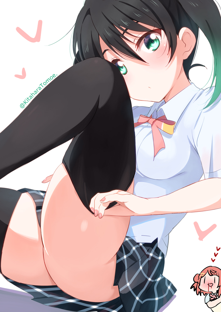 2girls, bad_id, bad_pixiv_id, black_hair, black_thighhighs, blood, blue_shirt, blue_skirt