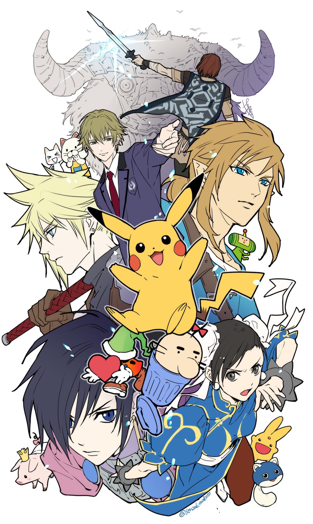 2019, blonde_hair, blue_eyes, bracelet, buster_sword, capcom, carbuncle_(puyopuyo), character_request