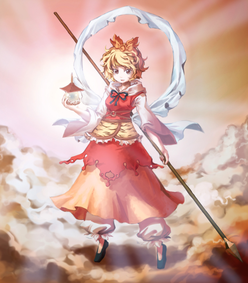 1girl, bad_id, bad_pixiv_id, bishamonten's_pagoda, blonde_hair, cloud, fang, female_focus, full_body, hair_ornament, highres, katabami38, outdoors, polearm, shawl, short_hair, sky, solo, spear, toramaru_shou, touhou, weapon, yellow_eyes