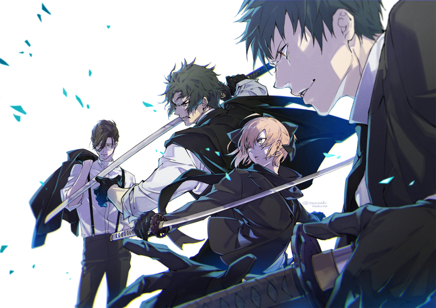 1girl, 3boys, ahoge, black_gloves, black_hair, black_scarf, blonde_hair, bow