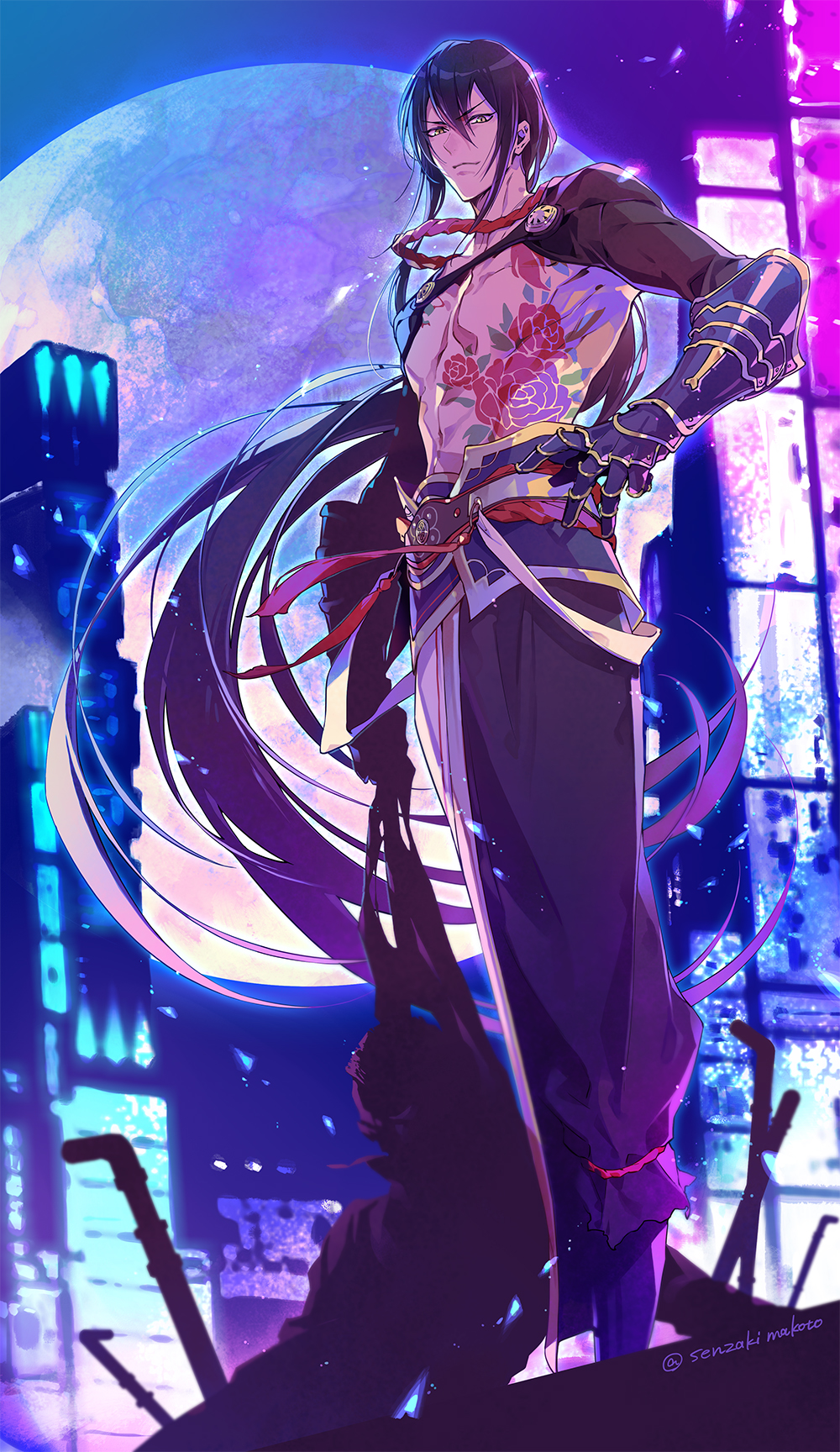 1boy, bishounen, black_hair, chest_tattoo, corpse, fate/grand_order, fate_(series), flower_tattoo