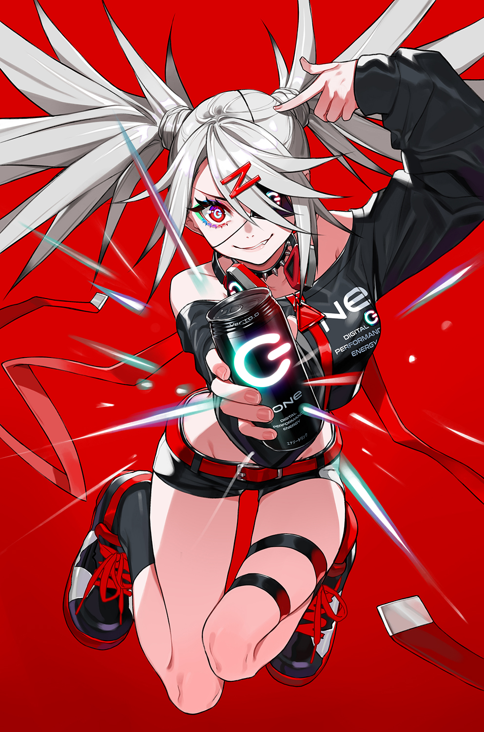 1girl, arm_up, bare_shoulders, belt, belt_buckle, black_collar, black_shirt, black_shoes