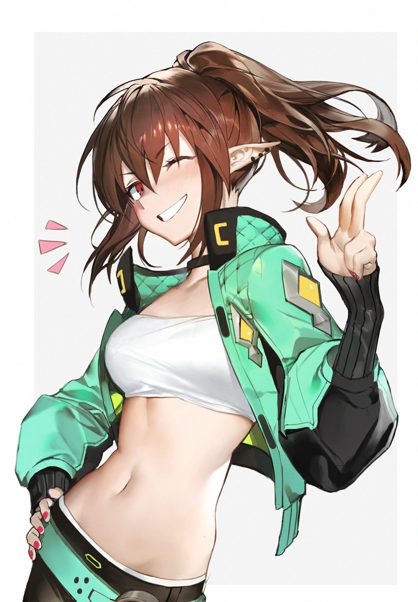 1girl, astrid_remond, bandeau, belt, black_choker, black_jacket, black_pants, blush, border, breasts, brown_hair, choker, cocaloh, collarbone, contrapposto, cowboy_shot, cropped_jacket, earrings, facing_viewer, green_background, green_belt, green_jacket, grey_background, grin, hand_on_own_hip, hand_up, high_ponytail, highres, jacket, jewelry, long_hair, long_sleeves, looking_at_viewer, lord_of_heroes, medium_breasts, midriff, multicolored_jacket, nail_polish, navel, one_eye_closed, open_clothes, original, outside_border, pants, pointy_ears, ponytail, red_eyes, red_nails, simple_background, smile, solo, stomach, strapless, striped_sleeves, three-quarter_sleeves, tube_top, two-tone_jacket, white_background, white_border, wink