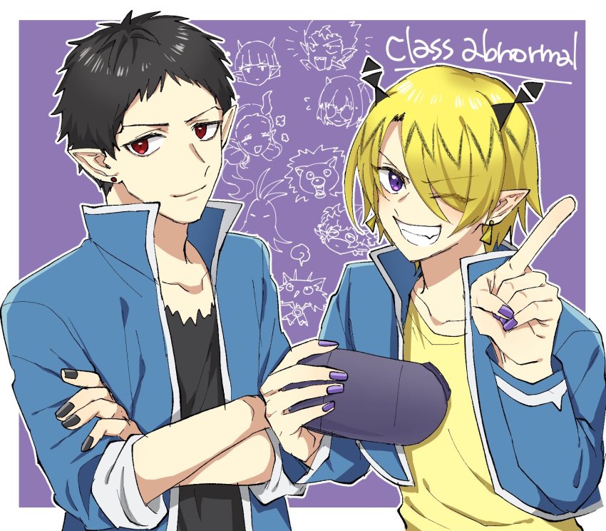 2girls, 6+boys, agares_picero, alocer_schneider, andro_m._jazz, black_hair, black_nails, black_shirt, blonde_hair, blue_jacket, caim_camui, collarbone, crocell_keroli, crossed_arms, earrings, fang, fasola_tj, fingernails, garp_goemon, grin, highres, horns, jacket, jewelry, looking_at_viewer, mairimashita!_iruma-kun, male_focus, multiple_boys, multiple_girls, nail_polish, one_eye_closed, open_mouth, piercing, playing_games, playing_video_games, pointing, pointy_ears, purple_eyes, purple_nails, purson_soy, red_eyes, sabnock_sabro, shax_lied, shirt, smile, teeth, video_game, wink, x_elizabetta, yellow_shirt