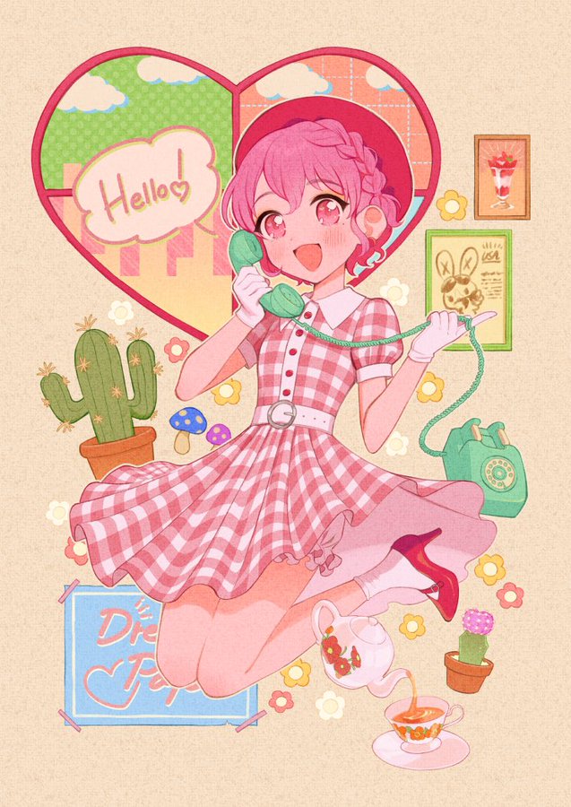 1boy, belt, bloomers, blush, braid, cactus, cup, dress