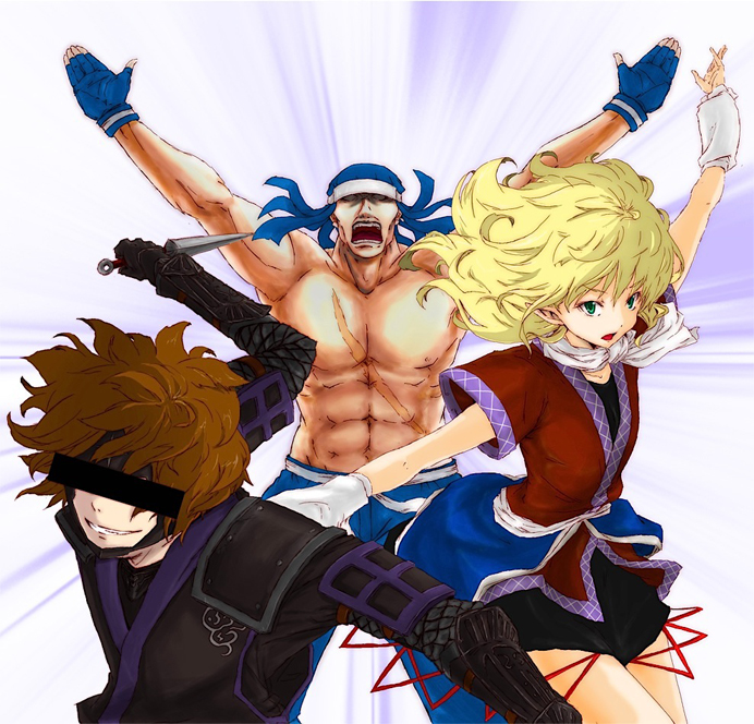 00s, 1girl, 2boys, bad_id, bad_pixiv_id, bar_censor, censored, crossover, final_fantasy, final_fantasy_xi, hokoro, hume, jin_fu-ha, kasamatsu_nobuo, kitanai_ninja, mizuhashi_parsee, multiple_boys, multiple_crossover, ninja, ninja_(final_fantasy), teya, the_iron_of_yin_and_yang, touhou