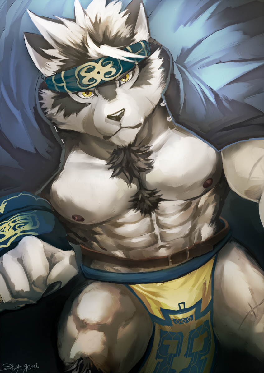 1boy, abs, animal_ears, bara, bare_pectorals, bulge, chest_hair, contrapposto