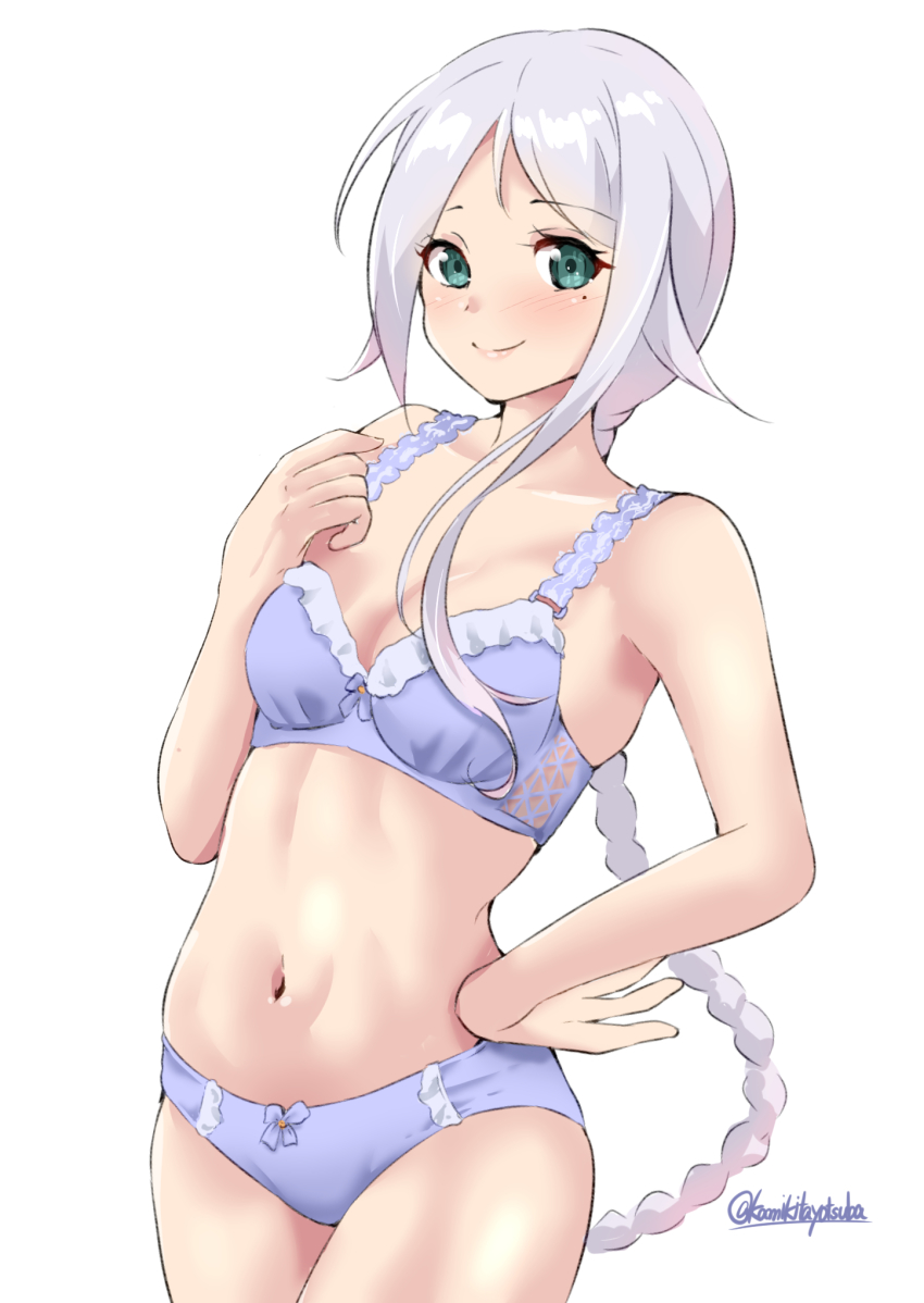 1girl, blue_eyes, braid, commentary_request, cowboy_shot, hair_tie, hand_on_own_hip, highres