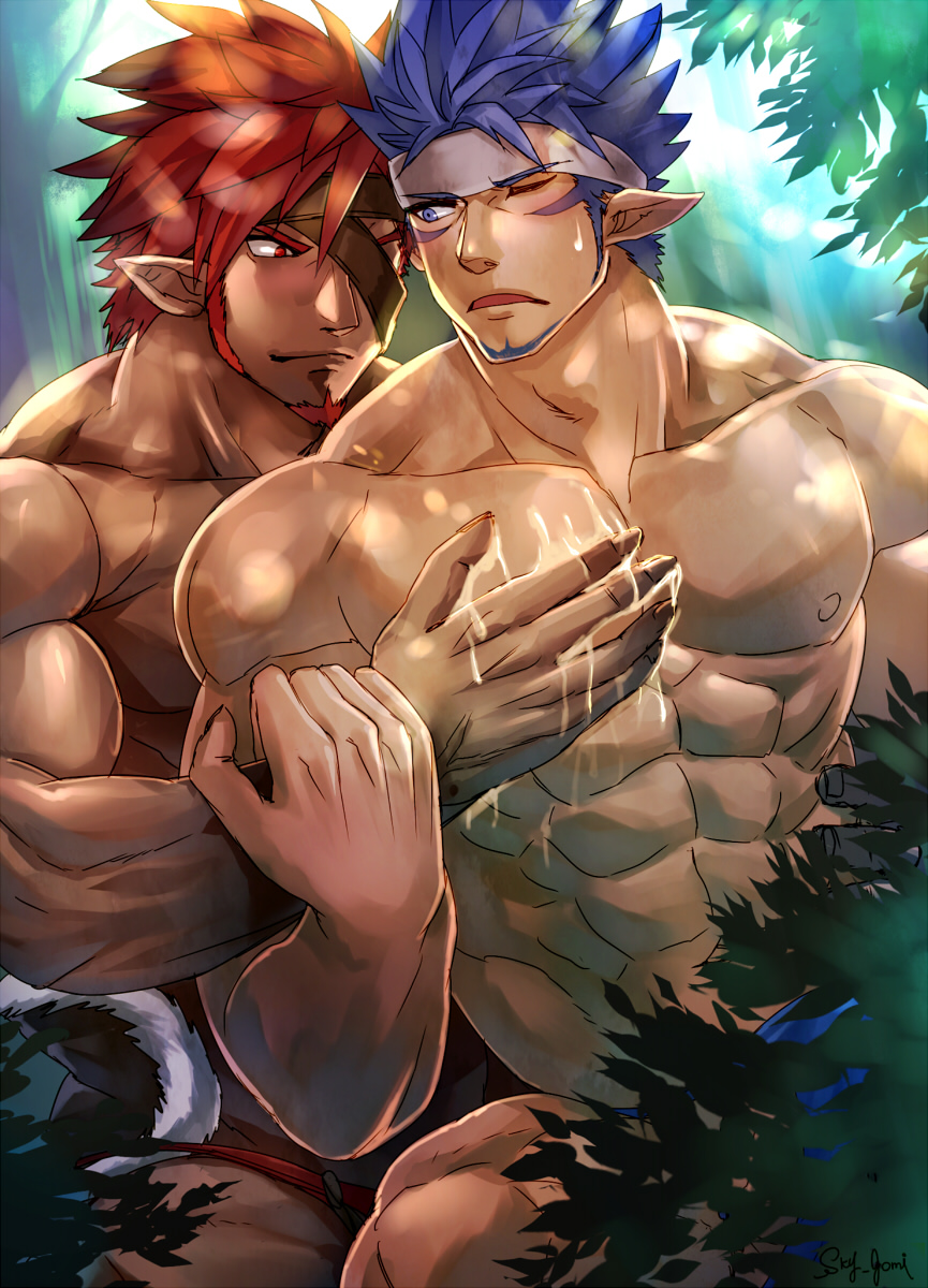 2boys, abs, bara, blue_eyes, blue_hair, blue_tribe_(housamo), dark-skinned_male, dark_skin