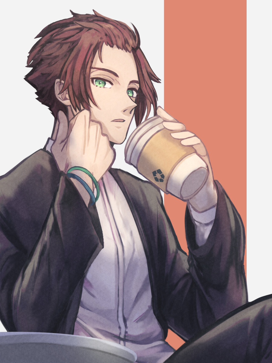1boy, black_jacket, black_pants, blue_lock, bracelet, brown_hair, coffee, crossed_legs