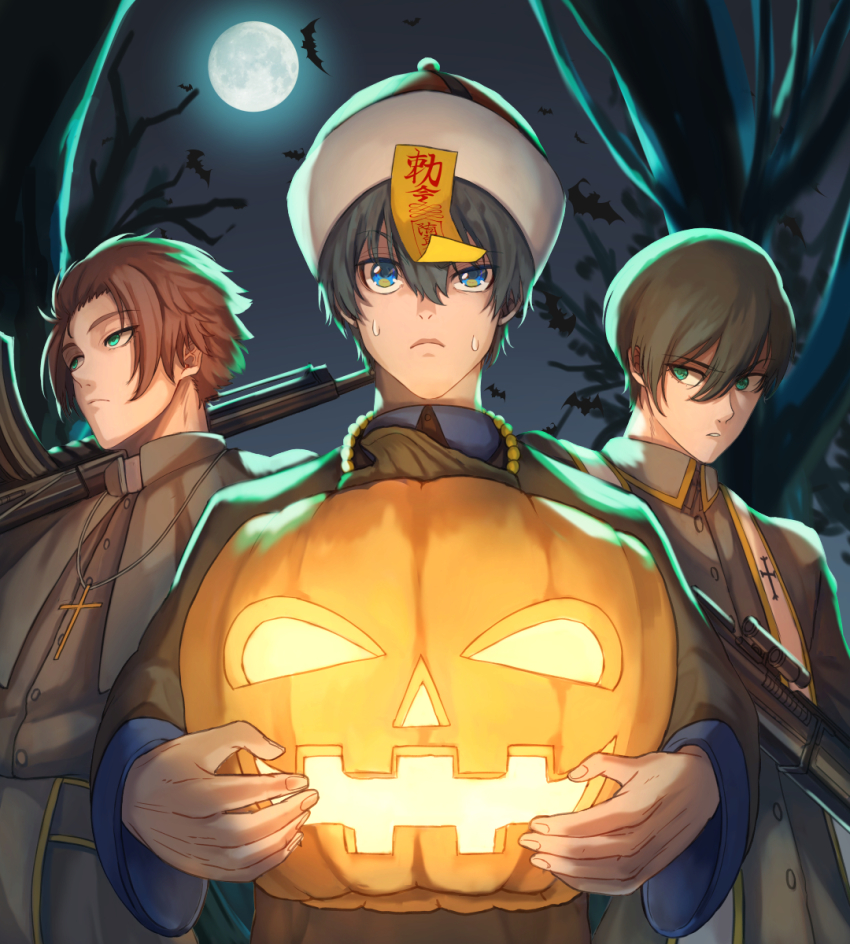 3boys, bat_(animal), black_hair, blue_eyes, blue_lock, brown_hair, cross, full_moon, green_eyes, gun, hair_between_eyes, halloween, halloween_costume, highres, isagi_yoichi, itoshi_rin, itoshi_sae, jack-o'-lantern, mimi_kco, moon, multiple_boys, night, pumpkin, rifle, short_hair, sky, sweat, tree, weapon