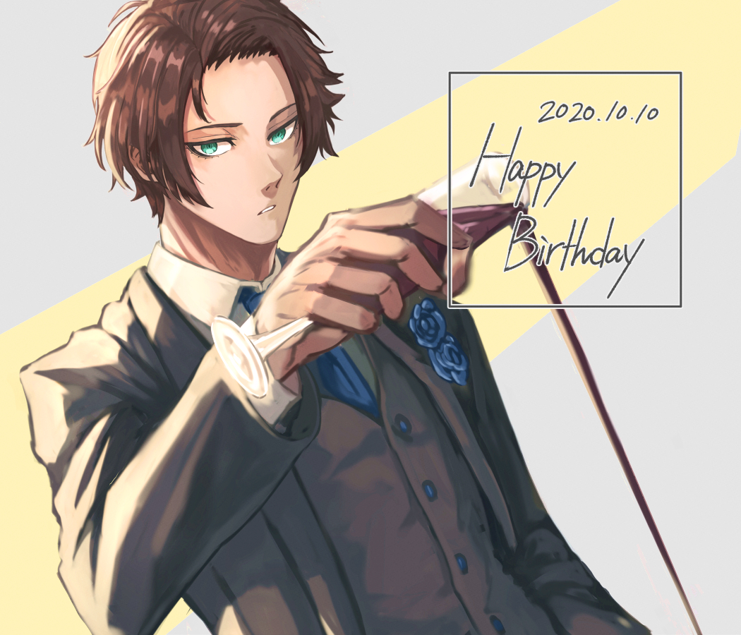 1boy, alcohol, black_suit, blue_flower, blue_lock, brown_hair, champagne_flute, collared_shirt