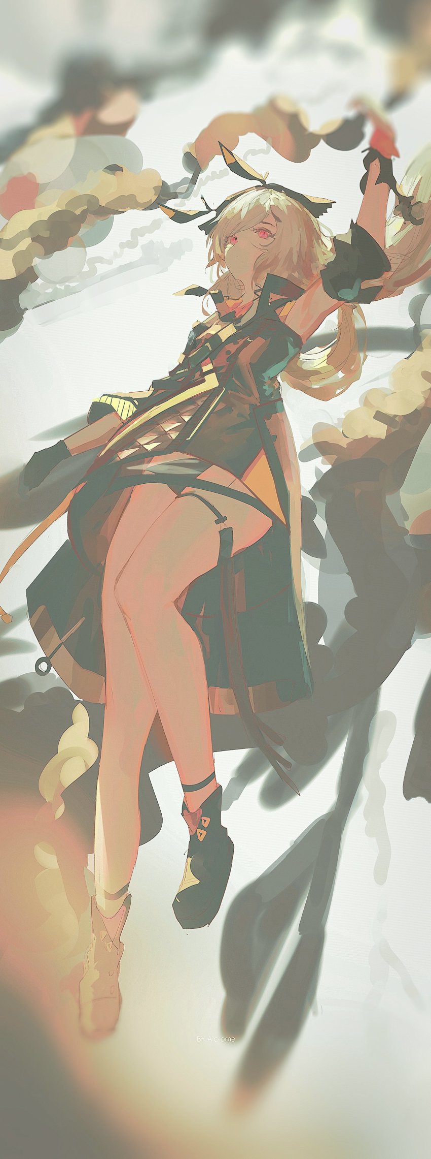 1girl, absurdres, alcxome, arknights, arm_up, bare_shoulders, black_gloves, commentary_request