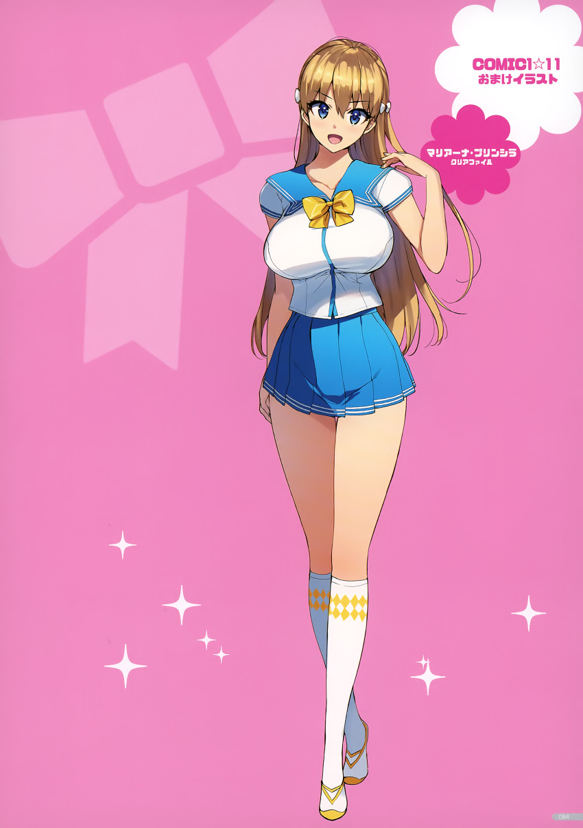 1girl, absurdres, blonde_hair, blue_bow, blue_eyes, blue_skirt, bow, breasts