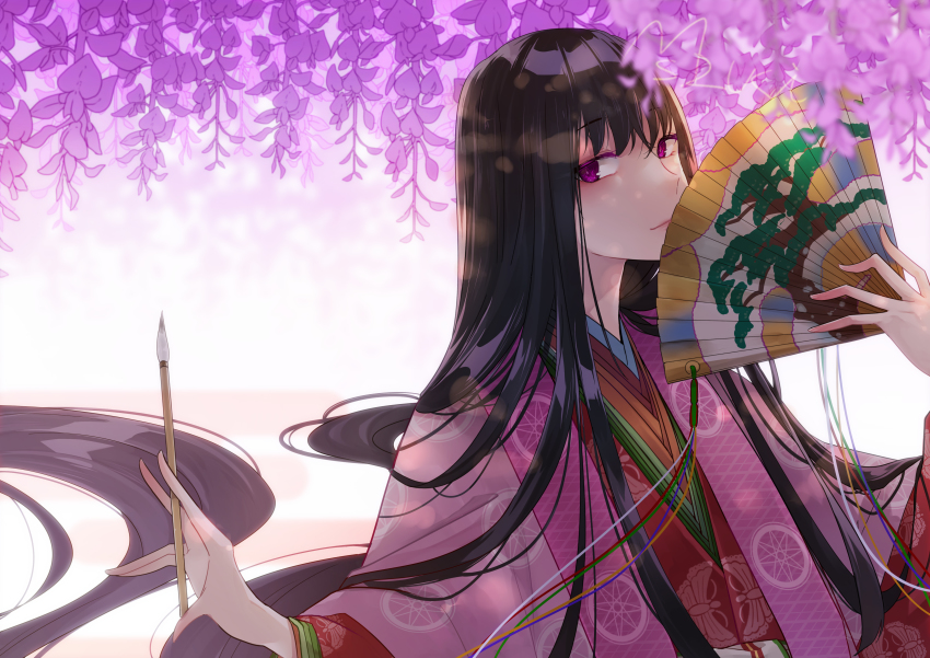 1girl, absurdly_long_hair, absurdres, black_hair, blush, breasts, calligraphy_brush, fate/grand_order