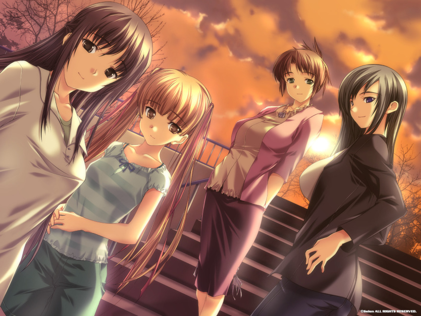 4girls, breasts, everyone, flat_chest, highres, hizuki_ayumi, hizuki_mitsuna, hizuki_shino