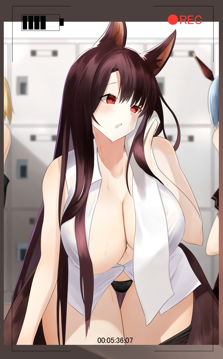 3girls, absurdres, admiral_hipper_(azur_lane), admiral_hipper_(muse)_(azur_lane), akagi_(azur_lane), akagi_(muse)_(azur_lane), animal_ears, azur_lane, black_panties, blonde_hair, blue_hair, breasts, brown_hair, changing_clothes, cleavage, convenient_censoring, fox_ears, fox_tail, gascogne_(azur_lane), gascogne_(muse)_(azur_lane), highres, large_breasts, locker, locker_room, long_hair, multiple_girls, multiple_tails, panties, partially_unbuttoned, recording, red_eyes, shirt, tail, towel, underwear, very_long_hair, white_shirt, yomare