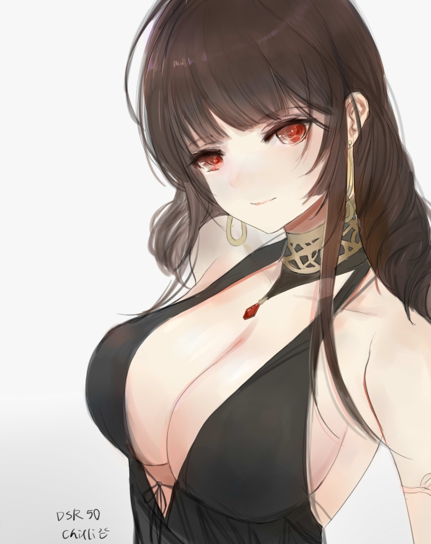 1girl, artist_name, bad_id, bad_pixiv_id, bare_shoulders, black_dress, breasts, brown_hair