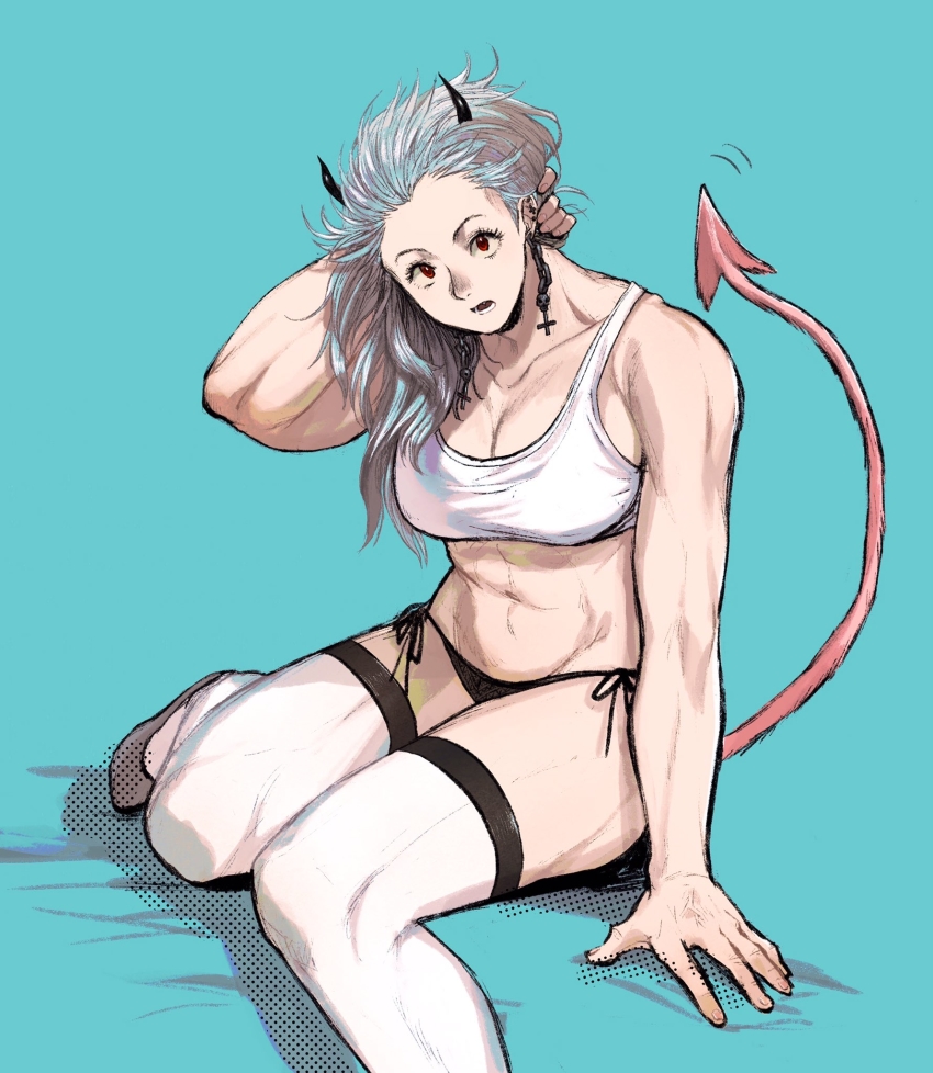 1girl, abs, bikini, breasts, chain, cleavage, collarbone, crop_top, cross, demon_horns, demon_tail, dorohedoro, earrings, fang, hand_on_own_head, highres, horns, inverted_cross, jewelry, ki_(mxxxx), long_hair, looking_at_viewer, medium_breasts, multiple_piercings, muscular, muscular_female, navel, noi_(dorohedoro), open_mouth, red_eyes, side-tie_bikini_bottom, silver_hair, skull_earrings, solo, swimsuit, tail, tank_top, teeth, thighhighs, toned, wavy_hair, white_tank_top