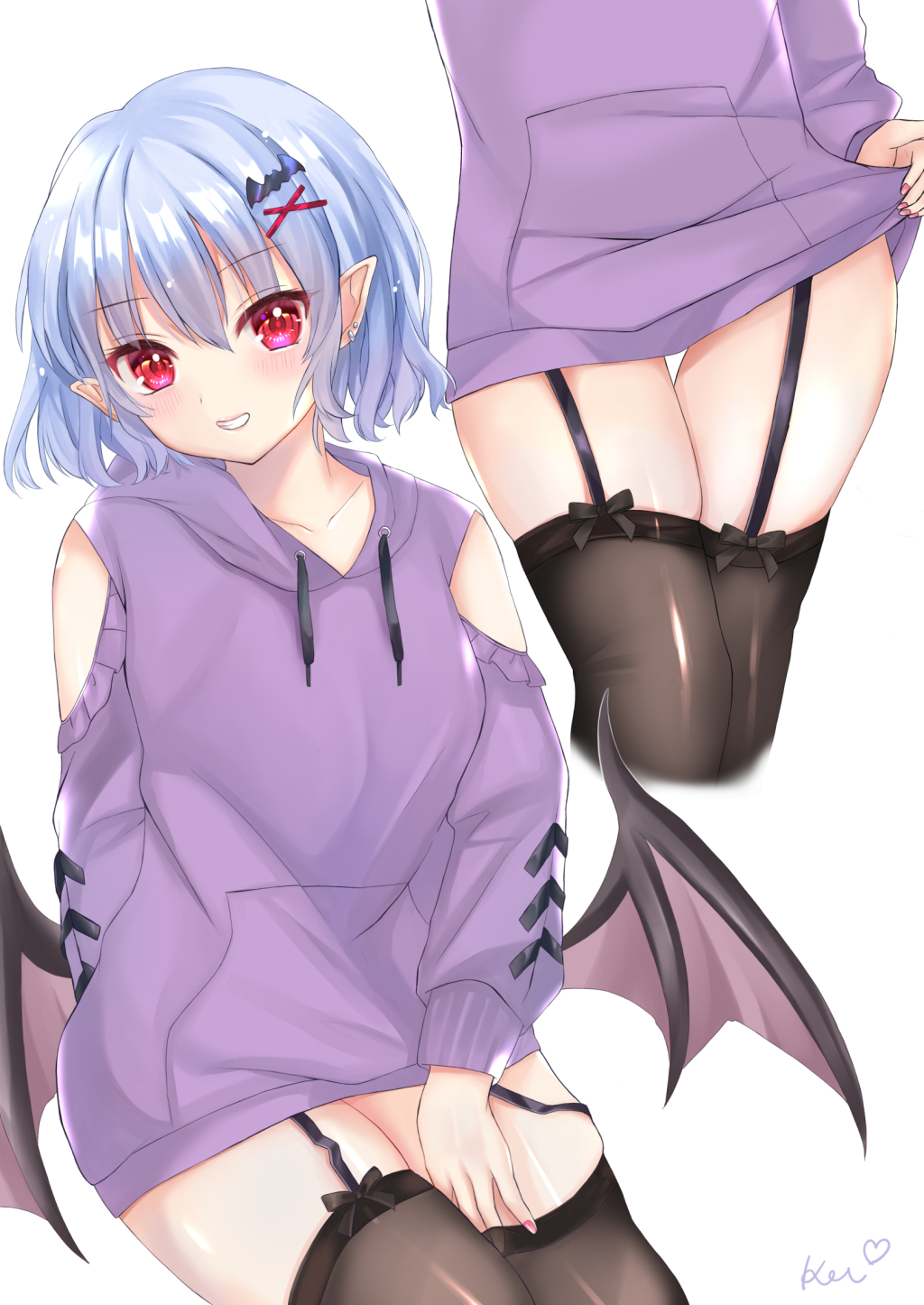 1girl, alternate_costume, bat_hair_ornament, bat_wings, cismlyri, clothing_cutout, contemporary, ear_piercing, garter_straps, grin, hair_between_eyes, hair_ornament, hairclip, highres, hood, hoodie, long_sleeves, looking_at_viewer, low_wings, multiple_views, over-kneehighs, piercing, pointy_ears, purple_hoodie, red_eyes, remilia_scarlet, short_hair, shoulder_cutout, simple_background, skindentation, smile, teeth, thighhighs, touhou, v-shaped_eyebrows, vampire, white_background, wings, x_hair_ornament