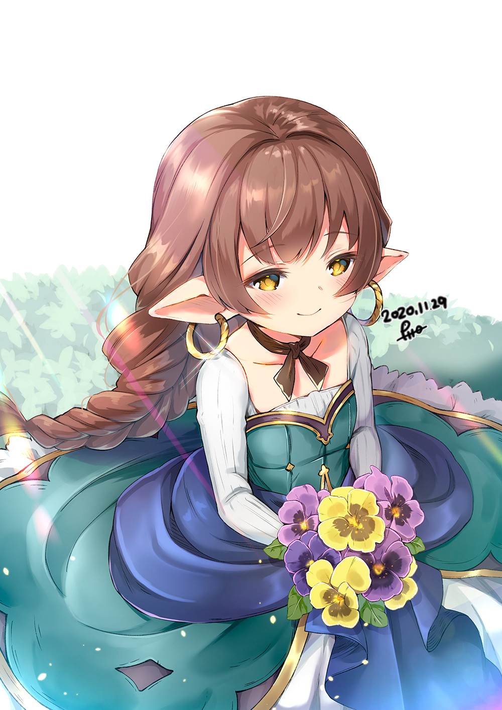 1girl, bouquet, braid, brown_eyes, brown_hair, closed_mouth, commentary_request, dated