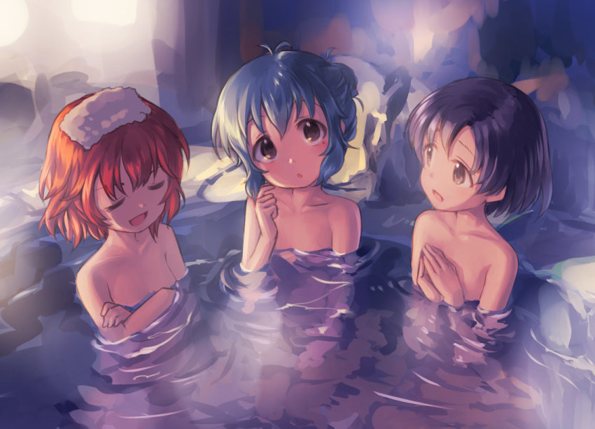 3girls, :d, :o, black_hair, blue_hair, blush, brown_eyes, brown_hair