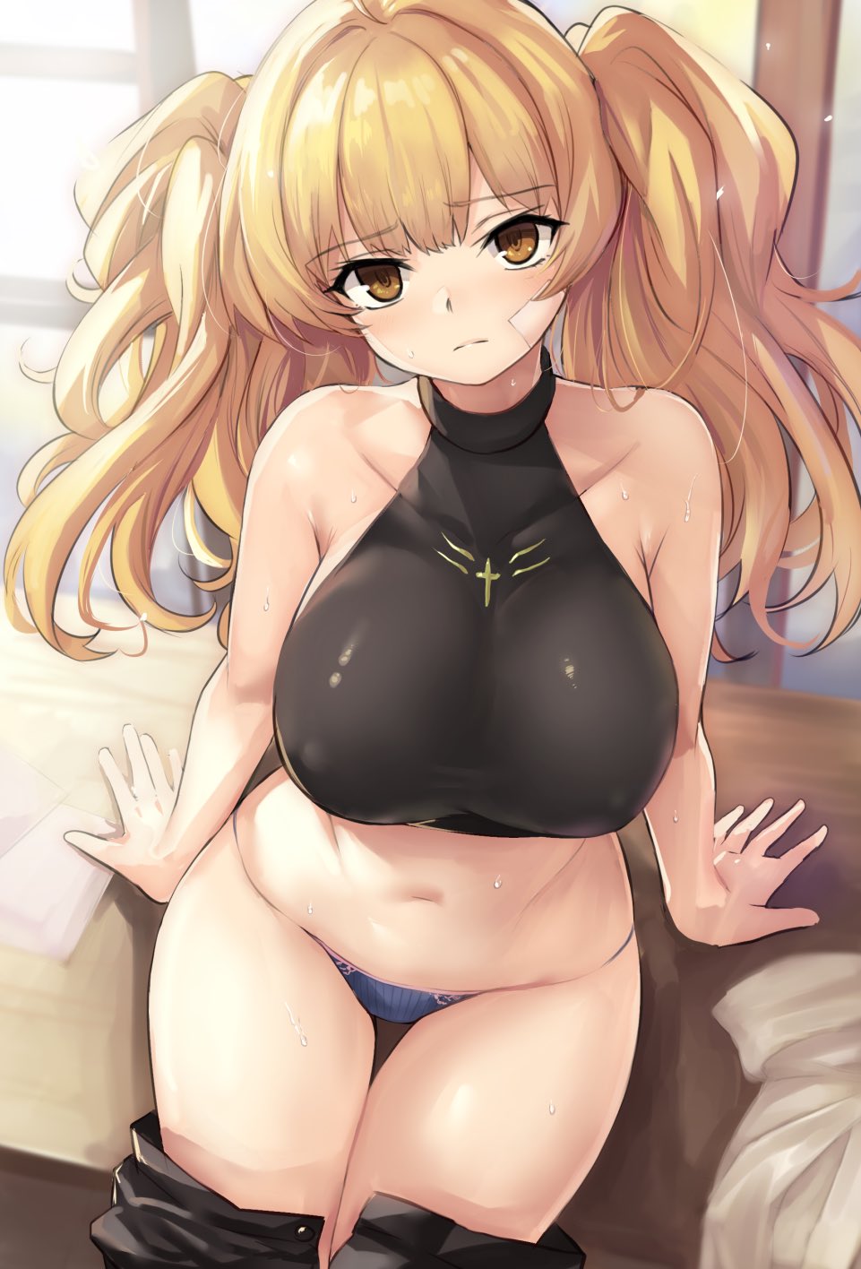 1girl, bandaid, bandaid_on_face, bare_shoulders, black_shirt, blonde_hair, blue_panties, blush, breasts, brown_eyes, clothes_pull, covered_collarbone, covered_erect_nipples, cowboy_shot, crop_top, cross, desk, from_above, granblue_fantasy, hair_between_eyes, halterneck, head_tilt, highres, kztk, large_breasts, latin_cross, long_hair, looking_at_viewer, monika_weisswind, navel, on_desk, panties, puffy_nipples, purple_panties, shingeki_no_bahamut, shirt, sitting, sleeveless, sleeveless_shirt, solo, thighs, twintails, underwear, wavy_hair