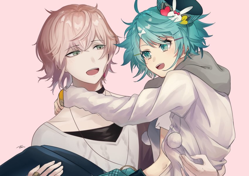 2boys, :d, aqua_hair, black_choker, blush, carrying, choker, crop_top