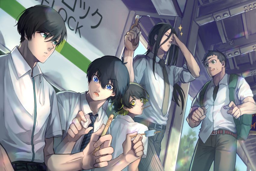 5boys, aryu_jyubei, bachira_meguru, backpack, bag, belt, black_hair, black_pants, blonde_hair, blue_eyes, blue_lock, collared_shirt, closed_eyes, food, green_eyes, hair_tie, isagi_yoichi, itoshi_rin, long_hair, mimi_kco, multicolored_hair, multiple_boys, necktie, pants, popsicle, shirt, short_hair, short_sleeves, sparkle, sweat, tokimitsu_aoshi, train_station, two-tone_hair, wavy_hair, white_shirt, yellow_eyes