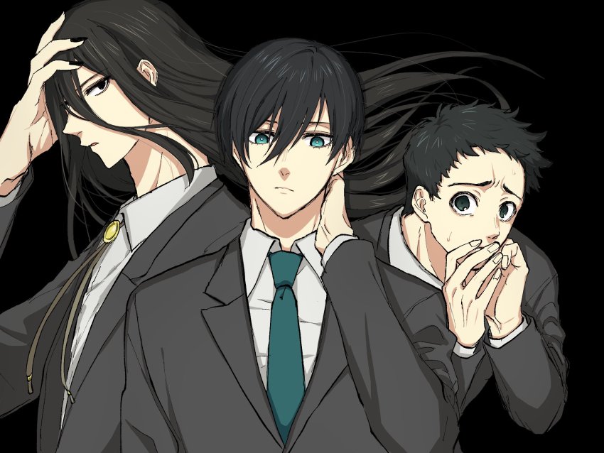 3boys, aryu_jyubei, black_background, black_eyes, black_hair, black_jacket, black_nails, black_suit