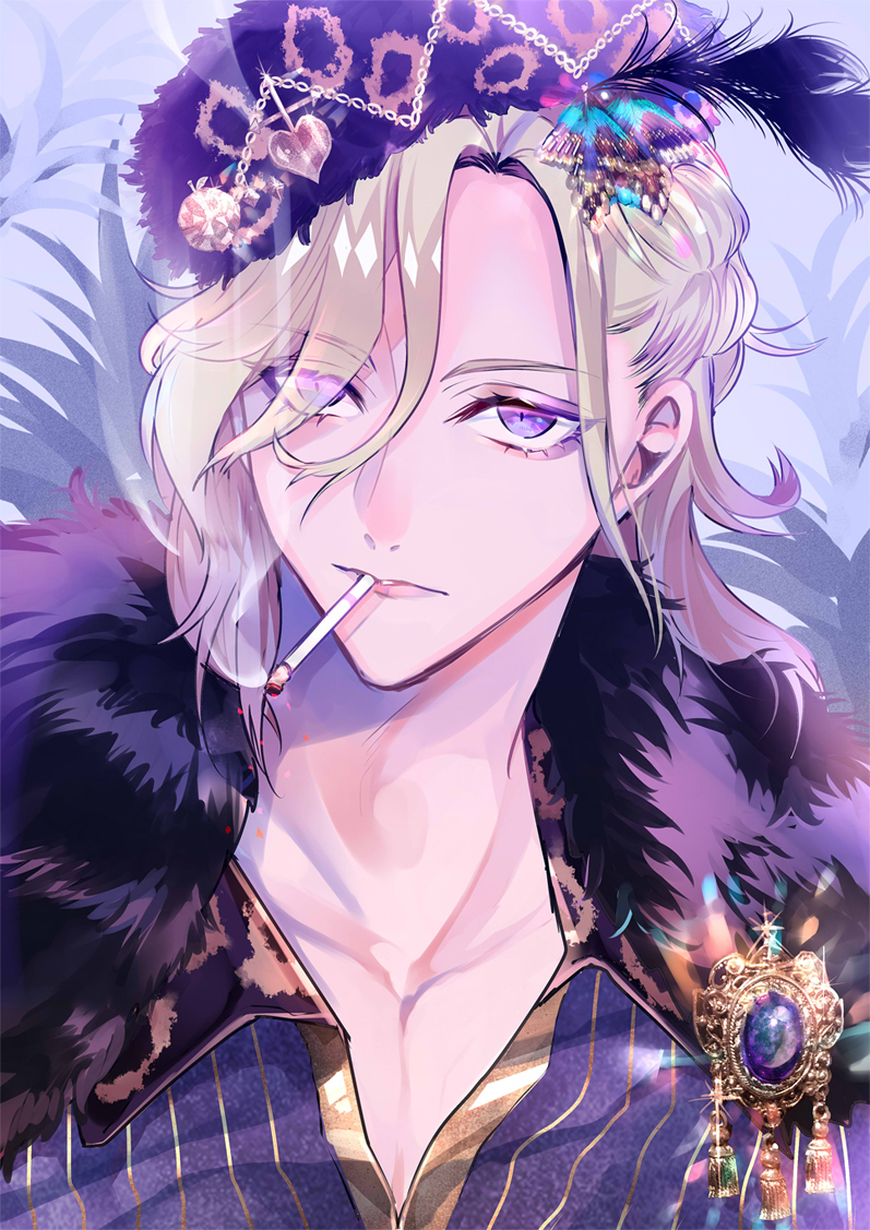 1boy, bishounen, black_feathers, blonde_hair, cigarette, feathers, fur, fur_trim, hair_over_one_eye, hat, hat_feather, male_focus, open_clothes, open_shirt, purple_eyes, purple_hat, purple_shirt, ritsuno_ananda, shirt, smoking, solo, twisted_wonderland, vil_schoenheit