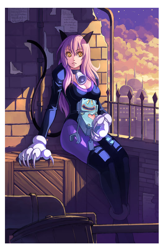 1girl, animal_ears, animal_hands, bell, bodysuit, breasts, brown_eyes, cleavage