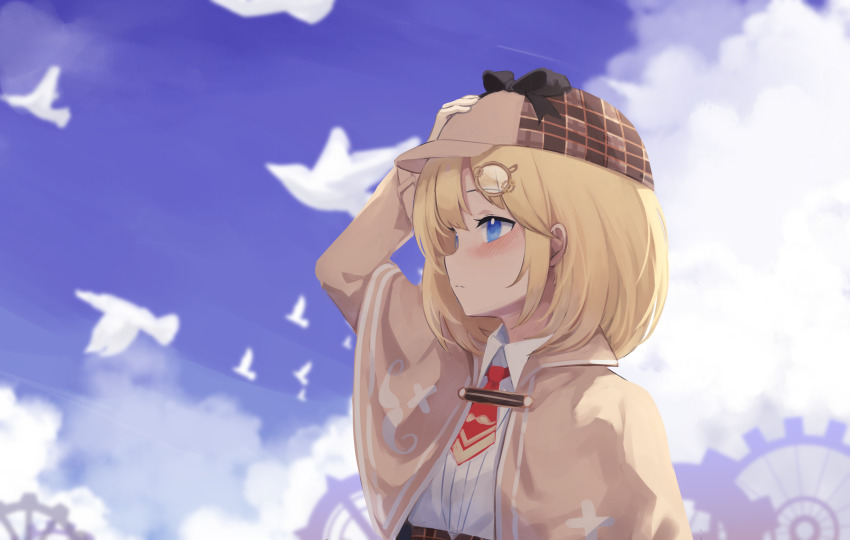 1girl, absurdres, arm_up, beige_capelet, bird, blonde_hair, blue_eyes, blue_sky