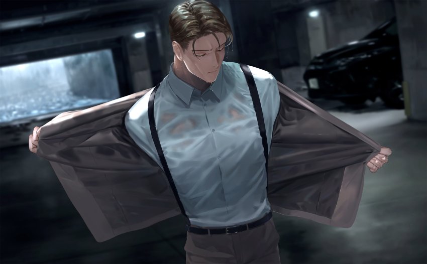 1boy, belt, black_belt, blonde_hair, blouse, blue_shirt, closed_mouth, collared_shirt, cowboy_shot, dress_shirt, closed_eyes, facing_viewer, formal_clothes, grey_jacket, grey_pants, grey_suit, highres, indoors, jacket, jujutsu_kaisen, kuro_(grf), male_focus, nanami_kento, pants, parking_garage, photo_background, see-through_clothes, shirt, short_hair, solo, suit, suspenders, undressing, wet, wet_clothes, wet_face, wet_hair, wet_shirt, white_shirt