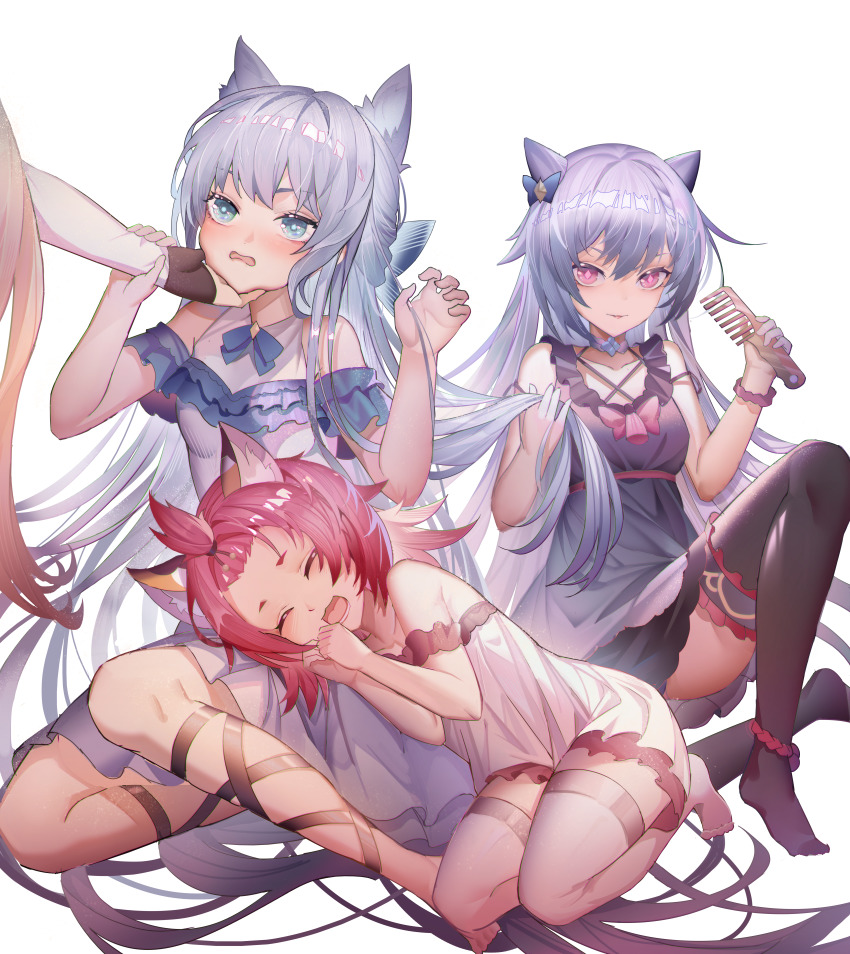 1other, 3girls, :d, absurdres, alternate_costume, animal_ear_fluff, animal_ears, arknights