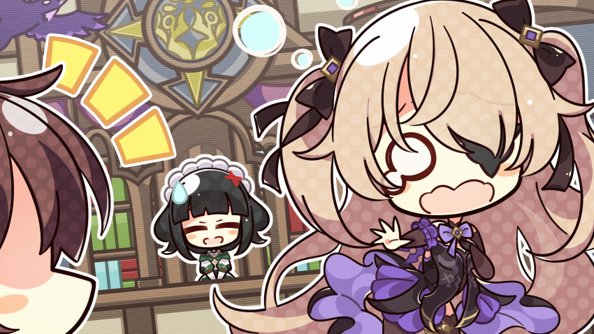 1boy, 2girls, 7:08, blonde_hair, blush_stickers, bow, chibi, dress