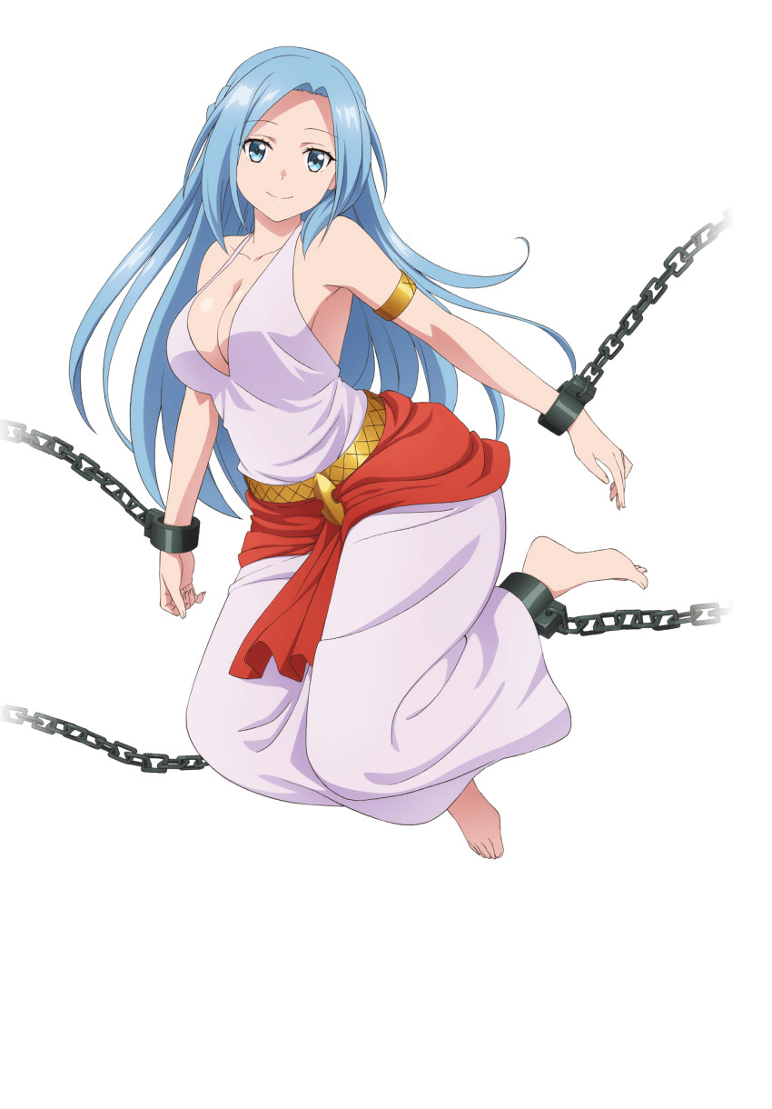 1girl, armlet, artist_request, barefoot, blue_eyes, blue_hair, breasts, cleavage