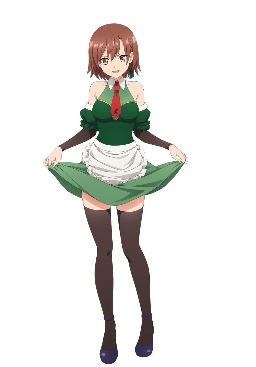 1girl, apron, artist_request, bare_shoulders, black_thighhighs, breasts, brown_eyes, brown_hair